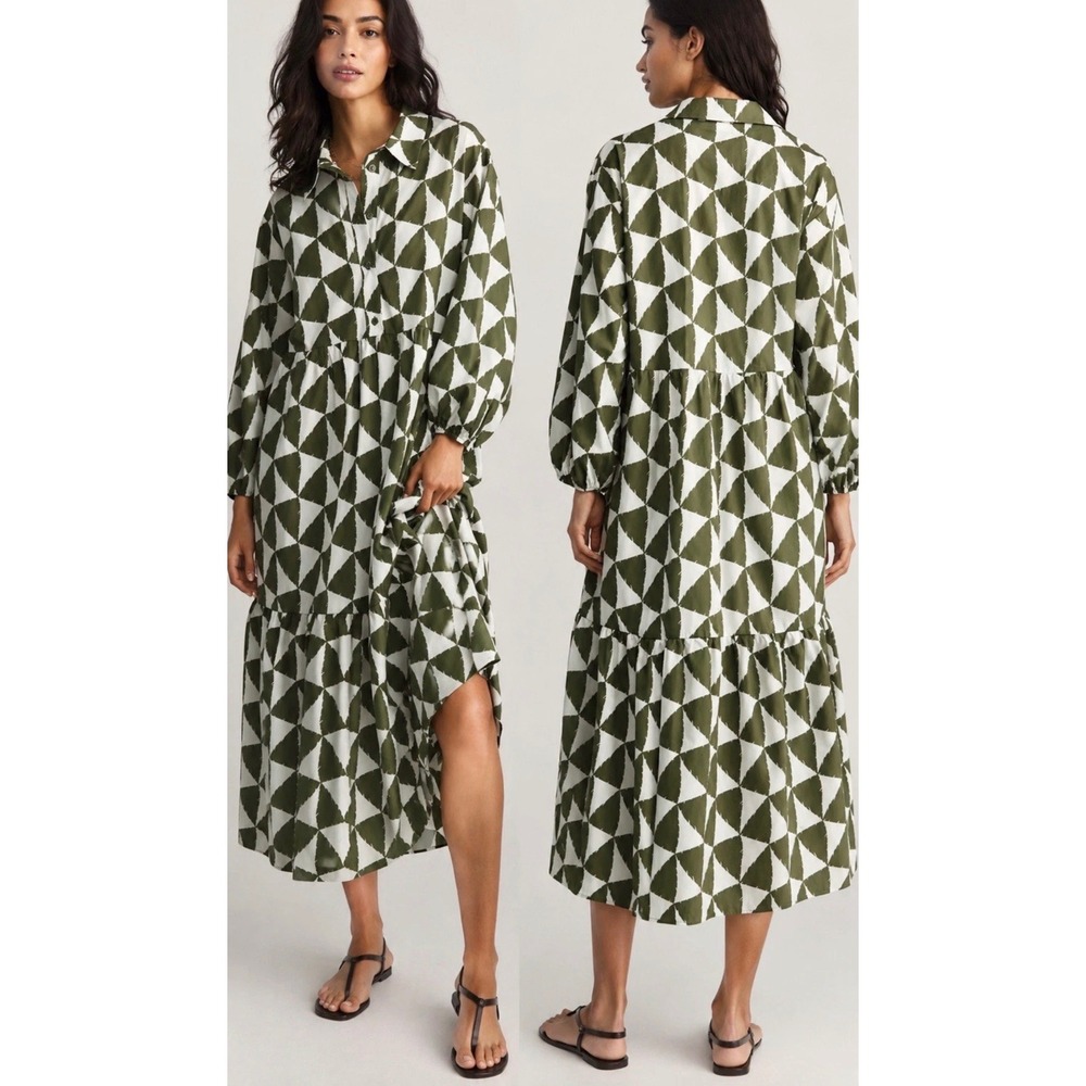Maeve Anthropologie Bettina Green White Geometric Tiered Midi Shirt Dress Boho S
